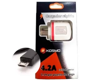 KOSMO - CARGADOR VIAJERO MICRO USB TURBO 2 PUERTOS USB 4.2A 3 DISPOSITIVOS