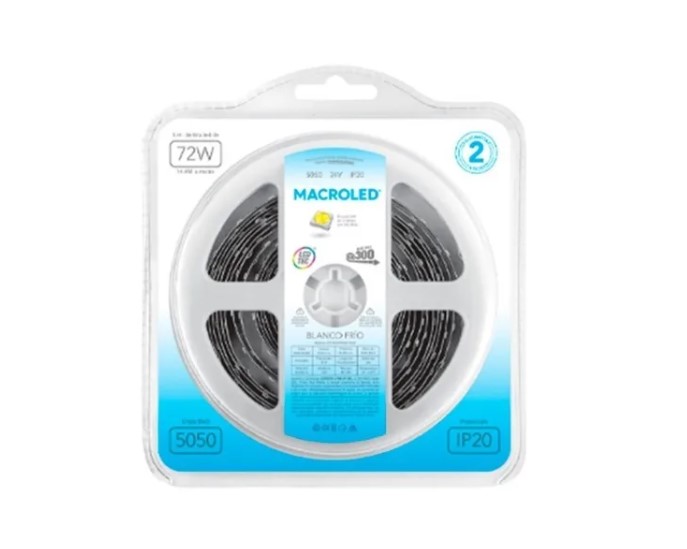 Macroled Cw-B300-Fw12-Ip20 - Tira Led 5050 72W Blanco Frio 6500K Ip20 Interior Dimerizable 300 Leds 5M Rollo