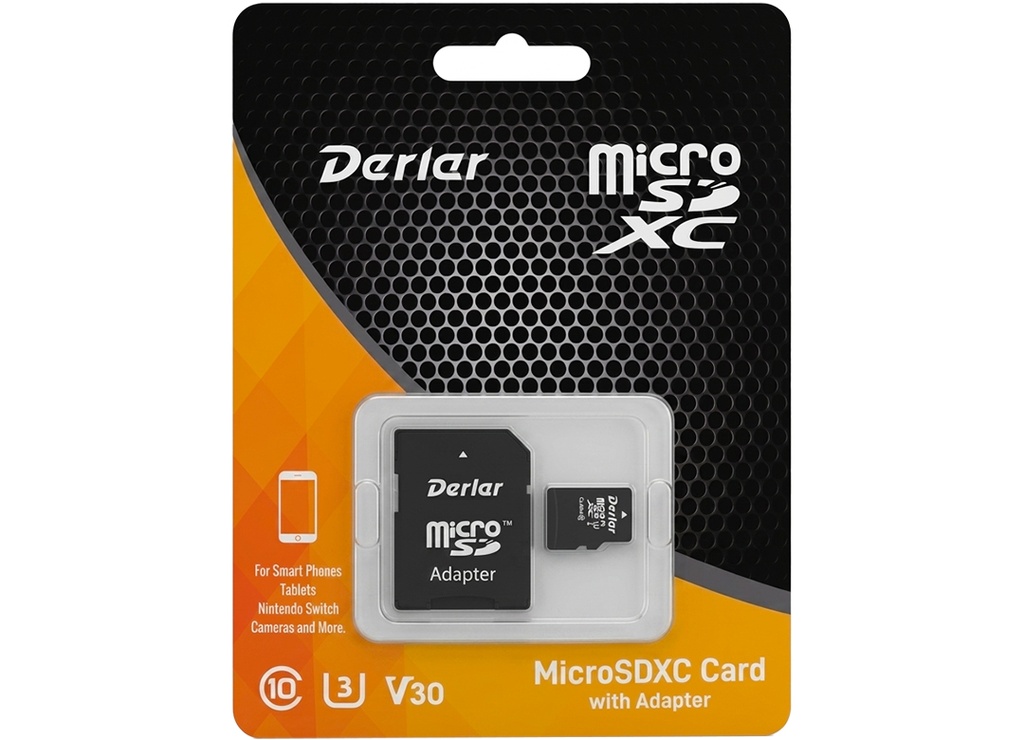 Derlar micro sd 64gb clase10 u3 v30 lectura 80mb escritura 30mb soporta 4k con adaptador