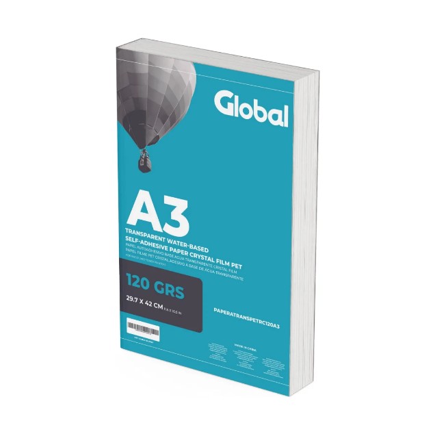 RESMA GLOBAL PAPEL AUTOADHESIVO BASE AGUA TRANSPARENTE RESMA 100 HOJAS A3 (420 X 297 MM) 120 GRS - PAPERATRANSPETRC120A3-100