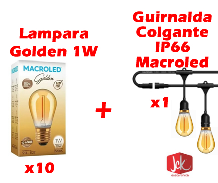 COMBO DECO GUIRNALDA MACROLED IP66 10 PORTALAMPARAS 5 MTS ENCADENABLE + 10 LAMPARA BULBO GOLDEN MACROLED 1W FILAMENTO GOTA
