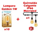 COMBO DECO GUIRNALDA MACROLED IP66 10 PORTALAMPARAS 5 MTS ENCADENABLE + 10 LAMPARA BULBO GOLDEN MACROLED 1W FILAMENTO GOTA