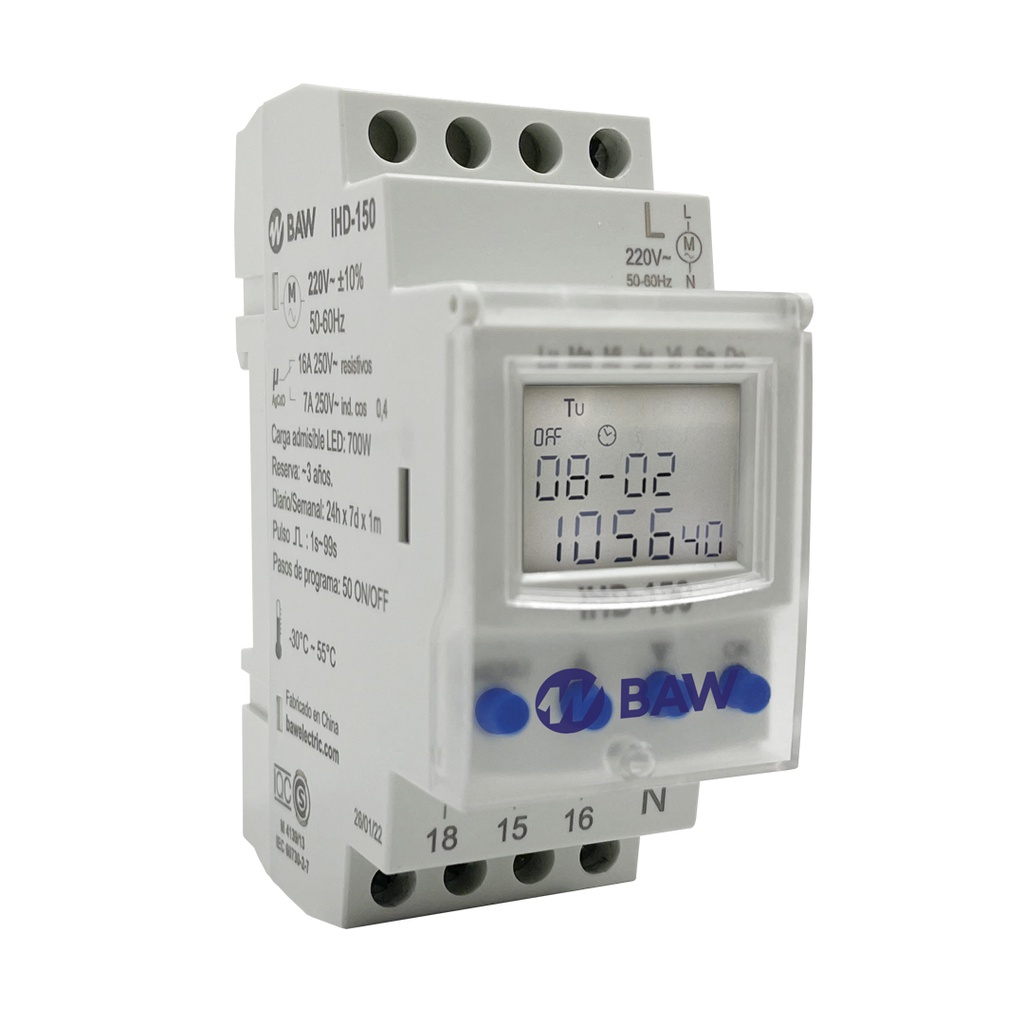 BAW IHD-150 - INTERRUPTOR HORARIO DIGITAL SEMANAL DIN 50 PROG.