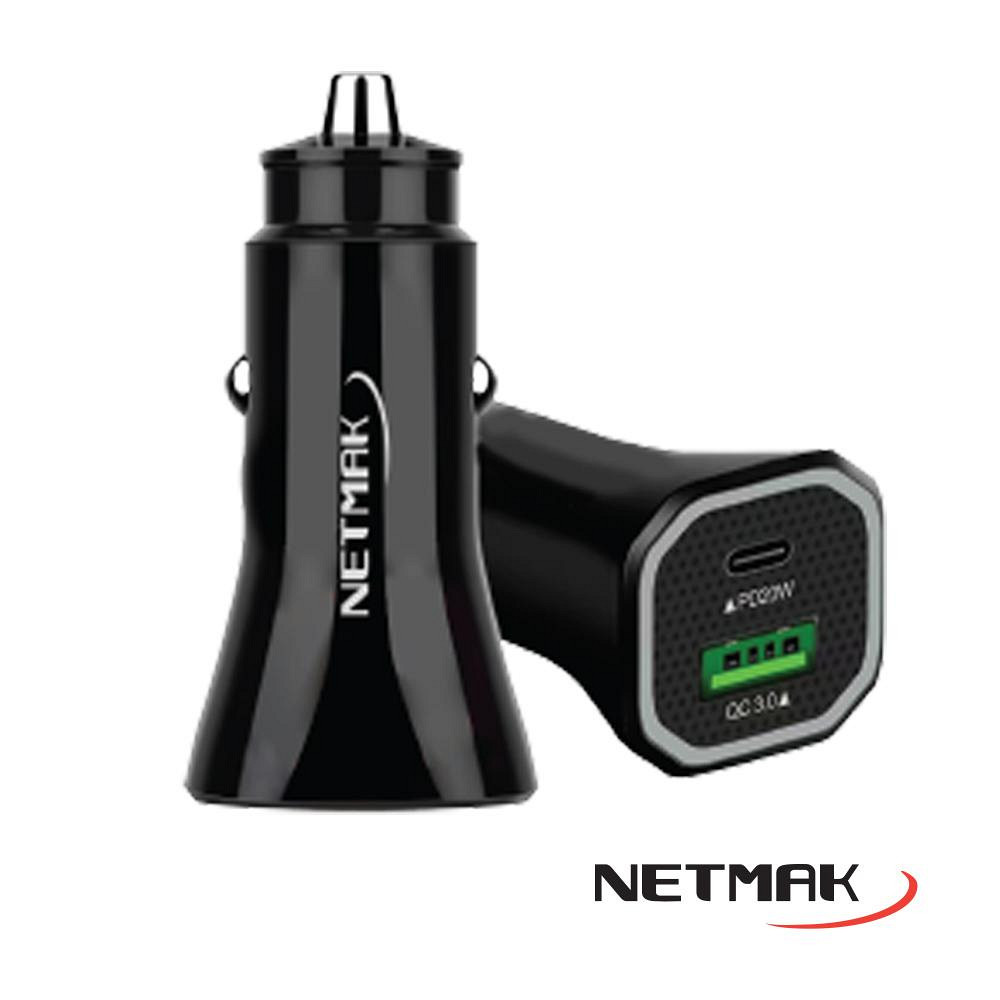 NETMAK NM-UCC7 - CARADOR AUTO 12V CARGA RAPIDA QC 20W USB Y TIPO C