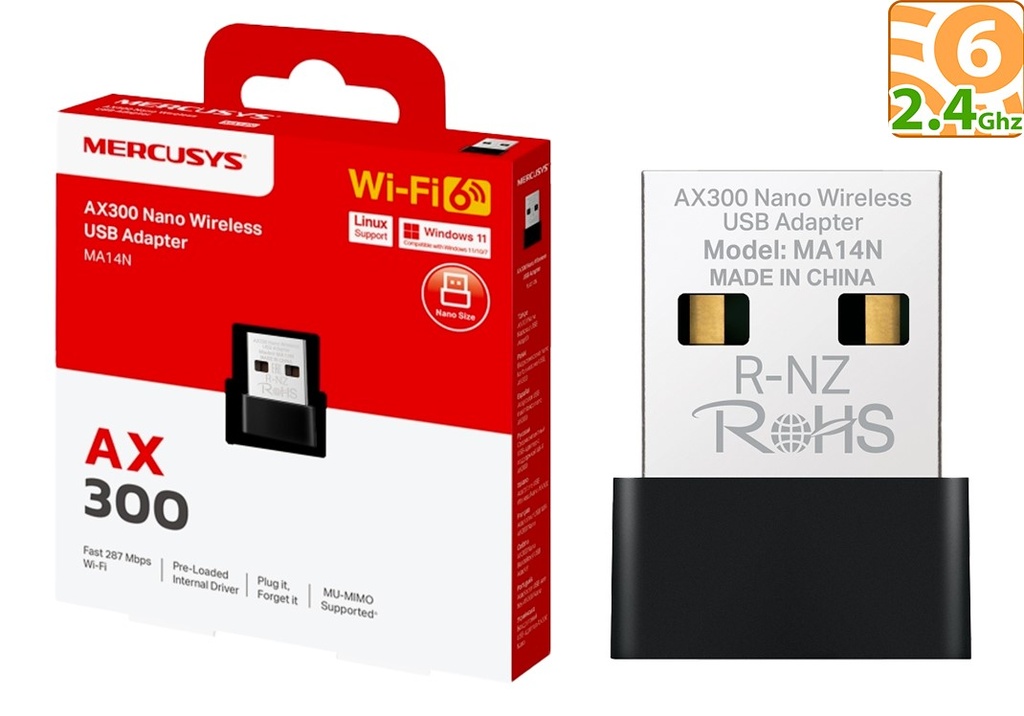 Placa De Red Wifi Usb Mercusys Ma14N Ax300 Wifi 6 2.4Ghz 287Mbps