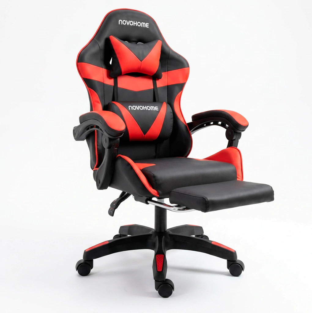 Silla Gamer Novohome Con Apoya Pies Negra Y Roja Gc1000