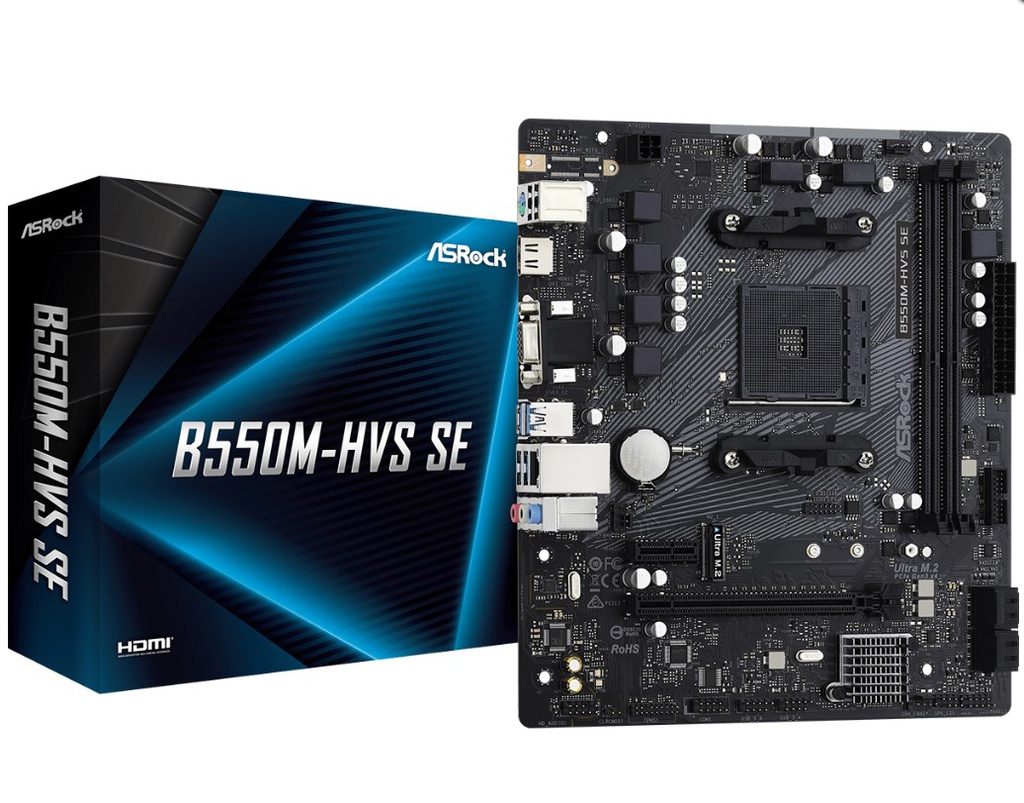 ASROCK MOTHERBOARD B550M-HVS SE AMD DDR4 4733+ AUDIO 7.1 SSD M.2 SATA3 USB3.2 PCIE 3.0 4.0 D-SUB HDMI GIGABIT LAN AM4 RYZEN 3000/4000/5000