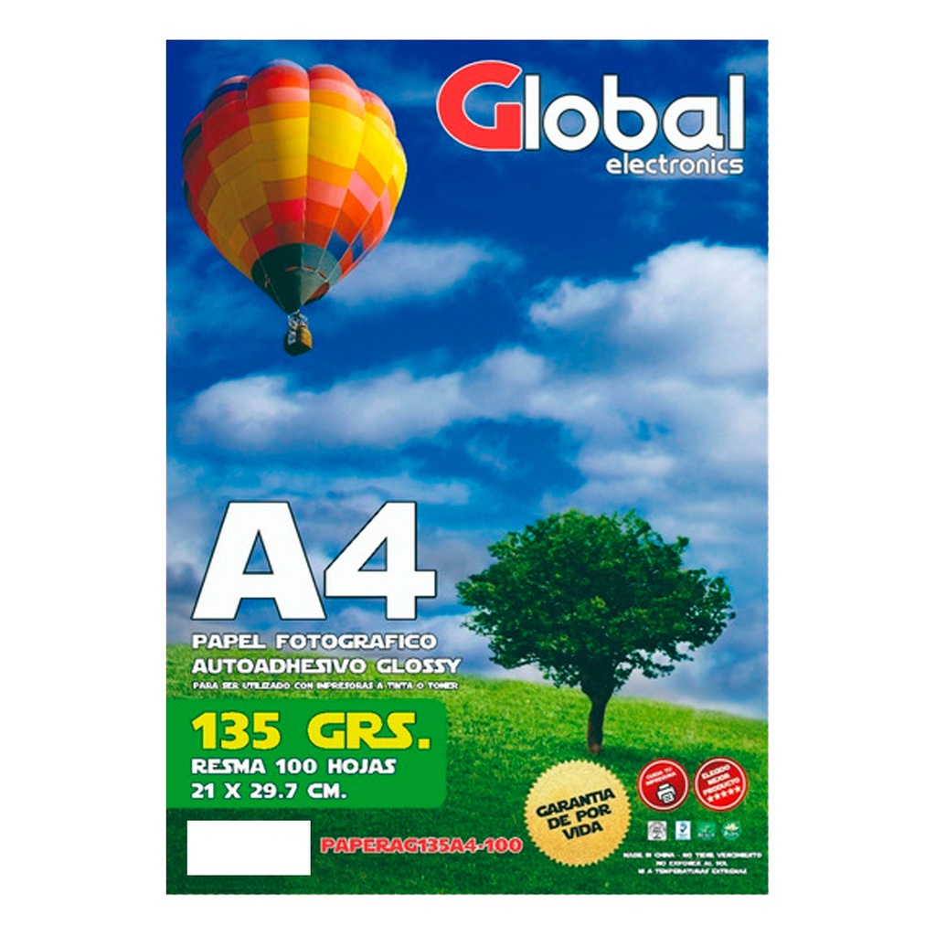 GLOBAL PAPERAG135A4-20 - RESMA x 20 HOJAS - DE PAPEL A4 (210 x 297 mm.) FOTOGRAFICO AUTOADHESIVO BRILLANTE 135 GR