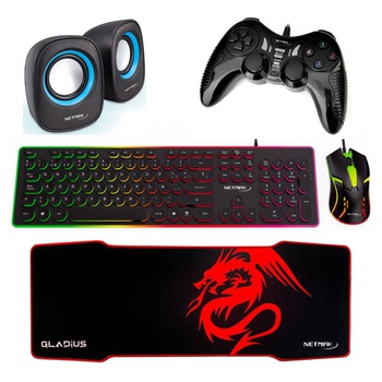 [9050] COMBO GAMER NETMAK BÁSICO 5 EN 1 TECLADO + MOUSE + PAD MOUSE + JOYSTICK PC + PARLANTES