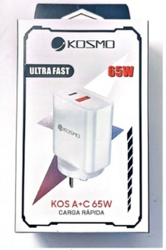 [9207] KOSMO CARGADOR PD 65W ULTA FAST A+C 2 SALIDAS USB Y TIPO C - CARGA RAPIDA