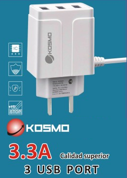 KOSMO CARGADOR CARGA RAPIDA 220V 5V 3.3A CABLE TIPO C  + 3 USB KS-18L C