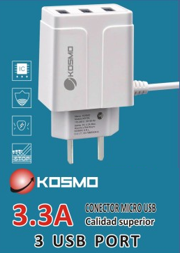 KOSMO CARGADOR 220V 5V 3.3A MICRO USB 3 USB KS-18H