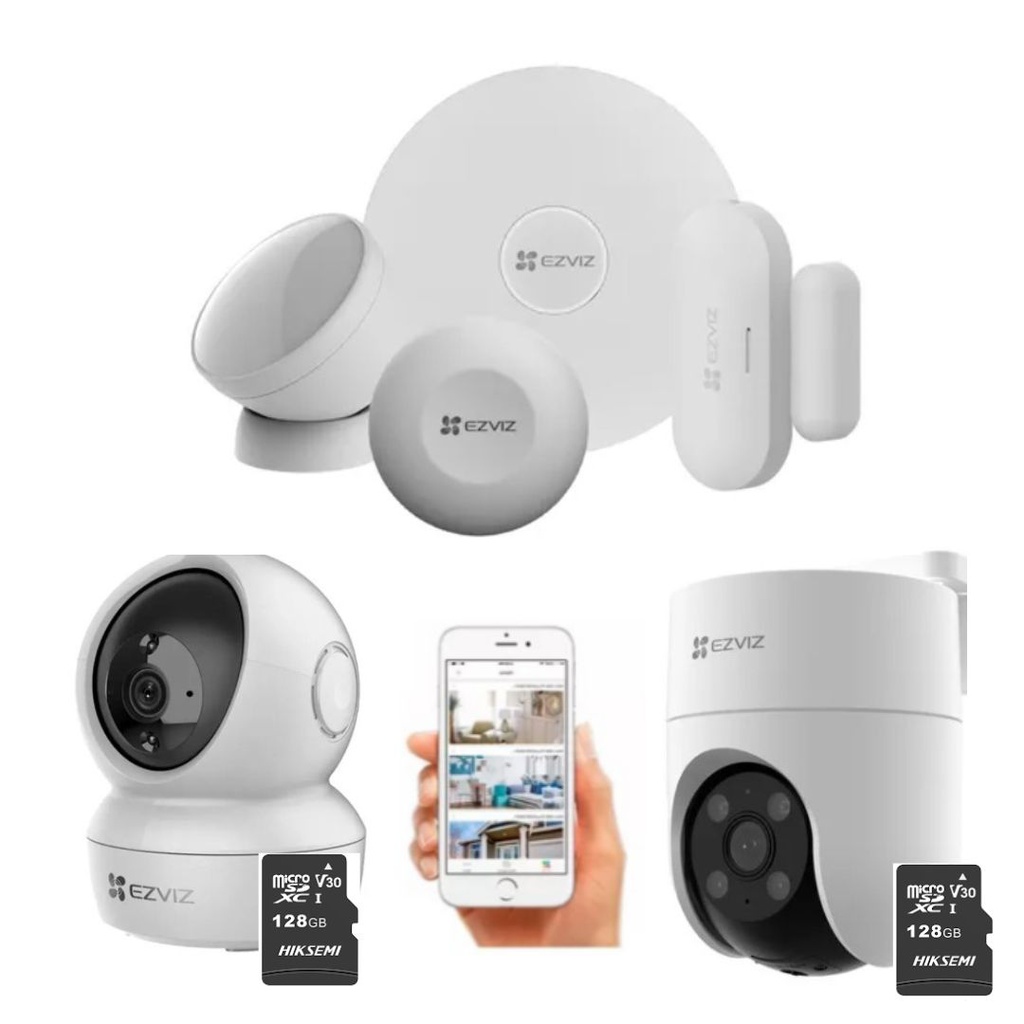 COMBO EZVIZ ALARMA SMART HOME CON 4 SENSORES + CÁMARA H6C INTERIOR + CÁMARA EXTERIOR H8C 1080P + MICROSD X2