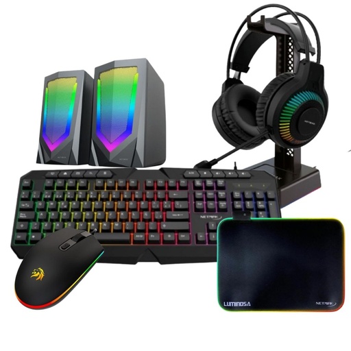 [10608] Combo Gamer Netmak! Auricular + Teclado + Mouse + Base Auriculares +  Parlantes + Pad
