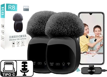 [10829] Micrófono R8 Solo Teléfonos Usb Tipo C X2 BLuetooth Entrevistas Periodismo Aire Libre Batería 400Mah Android Tp-18796