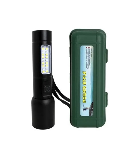 [11239] Linterna Led Metal Recargable Usb Tipo C Con Flash Y Estuche No:635