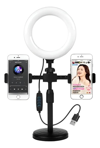 [11278] Aro De Luz Led 16Cm Selfie Con Base Regulable + 2 Pinzas Celulares 3 Intensidades Usb