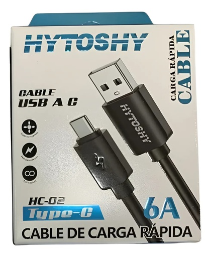 [11582] Cable Usb Tipo C A Usb 2.0 1Mt Hytoshi Carga Rápida 3A 15W 6A Carga Y Datos Negro