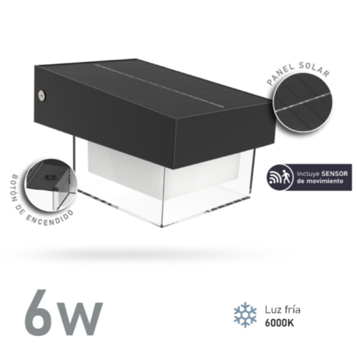 [11628] Trefi Aplique Solar 6W Exterior Luz Fría 600Lm 6000K Ip54 Con Sensor Nocturno 12Hs