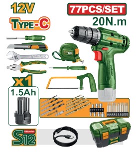 [11708] Jadever Juego De Herramientas De 77 Piezas Incluye Taladro Atornillador 12V Con Bateria Incl. Jddt1B77