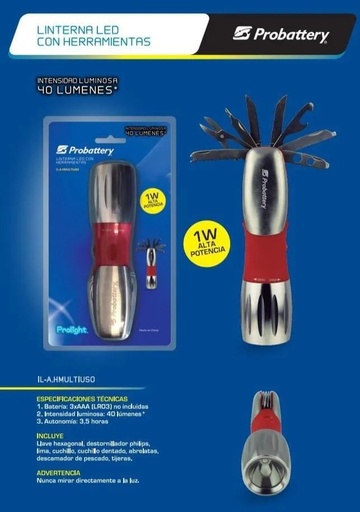 [77771] Linterna Led Herramienta Incluye Llave Hexagonal Lima Cuchillo Abre Lata - No Incluye 3 Aaa