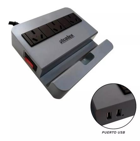 [15502] Zapatilla Atomlux R2200 2 Puertos Usb 3 Tomacorrientes 3 Salidas Y 2Mtrs De Cable