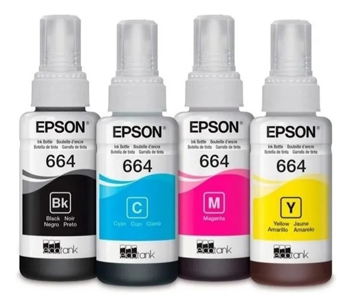 [112720] Combo X4 Tintas Epson Original T664 L200 Negro/Cyan/Magenta/Amarillo 70Ml