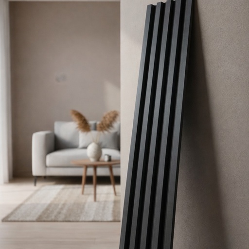 [112775] Panel 3D Vinílico Wpc Revestimiento De Pared Simil Madera Liston 2900X150X12Mm Color Negro Interior Cubre 7.83 Mt2 Pack 18 Listones