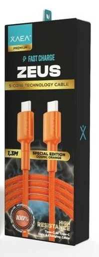 [113151] Xaea Cable Usb Tipo C A Tipo C Zeus 1Mt 110 Hilos Cobre Reforzado Carga Rapida Naranja