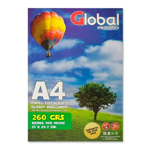 [2362] GLOBAL PAPERG260A4-20- RESMA x 20 DE PAPEL A4 (210 x 297 mm.) FOTOGRAFICO BRILLANTE 260 GR