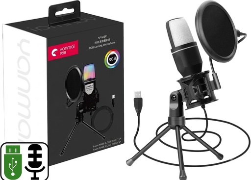 [113682] Microfono Yanmai Sf-666R Usb Cable 1.35Mts Omnidireccional Con Condesnadores Y Reduccion De Ruido Rgb Incluye Tripode