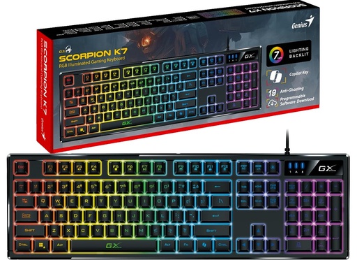 [951575] Teclado Gamer Genius Gx Gaming K7 Scorpion Usb Cable 1.3Mts 19 Key Anti-Ghosting 7 Colores Rgb Mecanico Retroiluminado Espanol