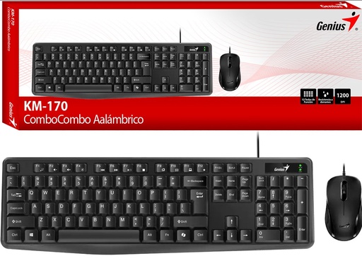 [951571] Kit Teclado + Mouse Genius Km-170 Usb Con Cable Mouse 1200Dpi Teclado Multimedia Negro