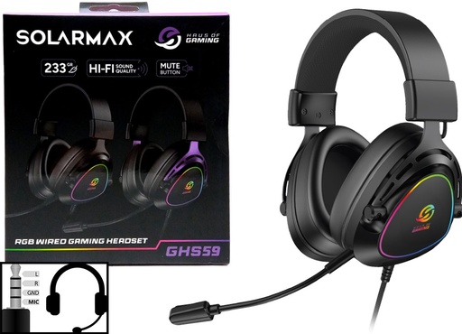 [951660] Auricular Vincha Solarmax Ghs59B Microfono Desmontable Hi-Fi Envolvente Plug 3.5Mm 4 Contactos + Luz Alimentacion Por Usb Negro