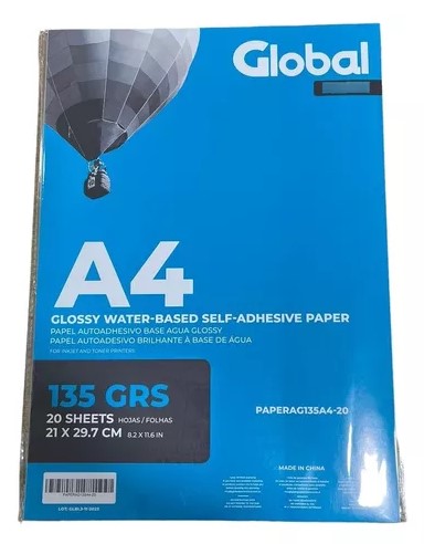 [8508] GLOBAL PAPERAG135A4-20 - RESMA x 20 HOJAS - DE PAPEL A4 (210 x 297 mm.) FOTOGRAFICO AUTOADHESIVO BRILLANTE BASE AGUA 135 GR