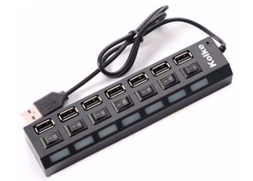 [8505] HUB USB KOLKE KAV-105 2.0 7 PUERTOS CON CORTE Y ENTRADA DE TRANSFORMADOR 5V 1A FICHA 3.5X1.35 NEGRO