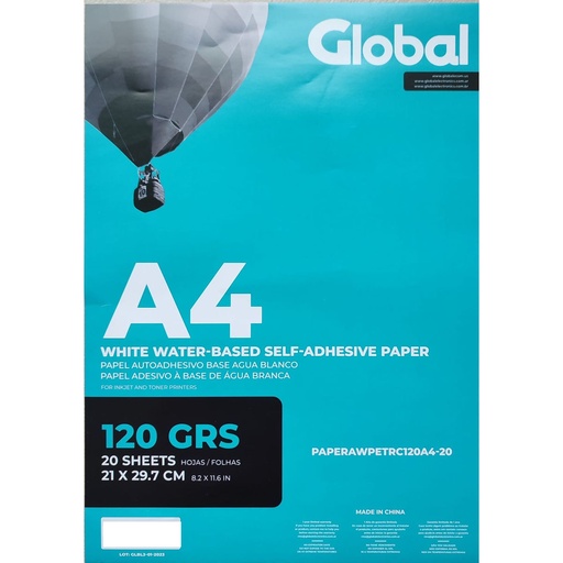 [9614] PAPEL AUTOADHESIVO 120GRS BASE AGUA BLANCO  RESMA 20 HOJAS - PAPERAWPETRC120A4-20