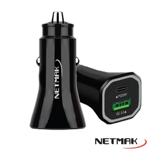 [6114] NETMAK NM-UCC7 - CARADOR AUTO 12V CARGA RAPIDA QC 20W USB Y TIPO C