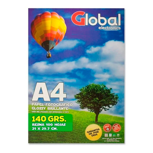 [650] GLOBAL PAPERG140A4-20 - GLOSSY RESMA x20 DE PAPEL A4 (210 x 297 mm.) FOTOGRAFICO BRILLANTE 140 GR