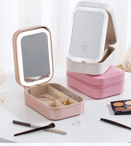 Espejo Joyero Porta maquillaje con luz led ROSA 3 tonos jt005