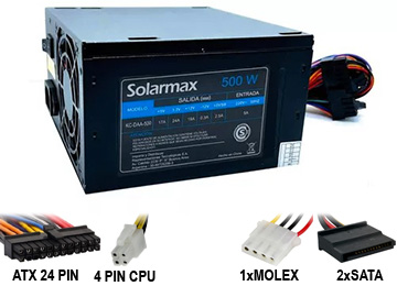 [9364] FUENTE SOLARMAX 500W KC-CDA500 +12V 16A 24+4PINES 1XMOLEX 2XSATA COOLER 8CM